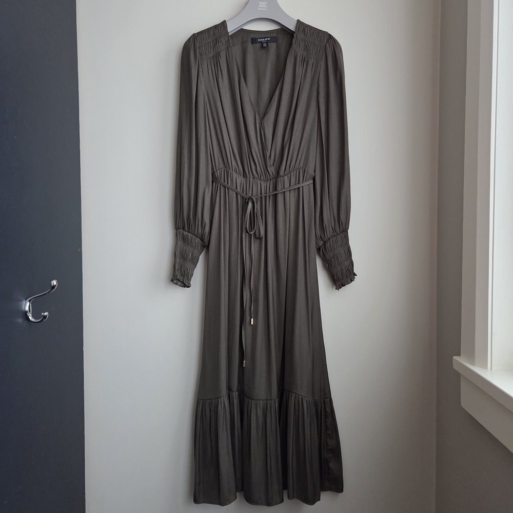 Ever New***Rich Olive 'Mossy Khaki' Tiered Midi Dress Smocked Cuffs Sz P2 - Picture 3 of 15